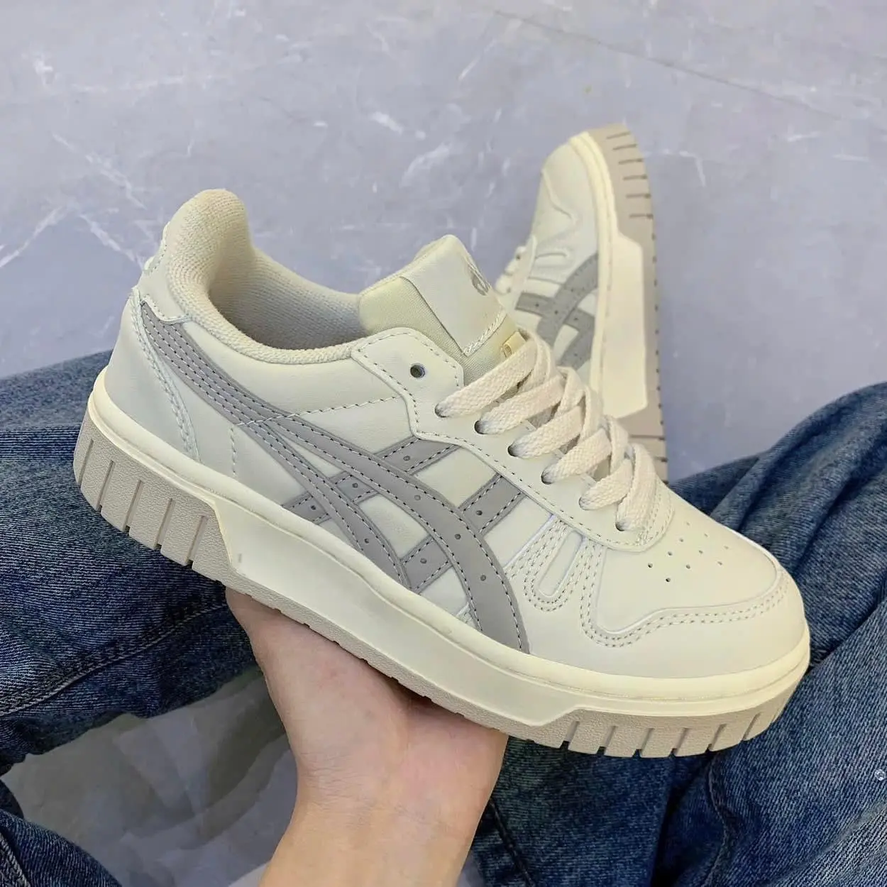 Giày thể thao sneaker  nam nữ + giày sneaker Asiccc Xám Cream Black Gum Nam Nữ, đế cao su đúc chống trơn trượt,GIÁ TẠI XƯỞNG  size từ 36 đến 44 Shoes Đế Bằng