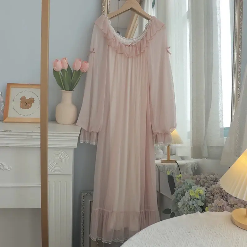SP.355 Váy ngủ tiểu thư voan ren mềm, thun cotton cổ tròn tay bo bồng dễ thương hàng Quảng Châu cao cấp 8