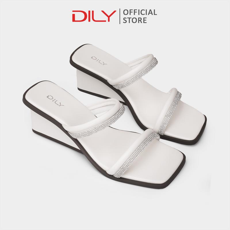 Giày đế xuồng nữ DILY quai 2 mảnh đính đá sang trọng, guốc đế xuồng mũi vuông thời trang cao 5cm AA0509