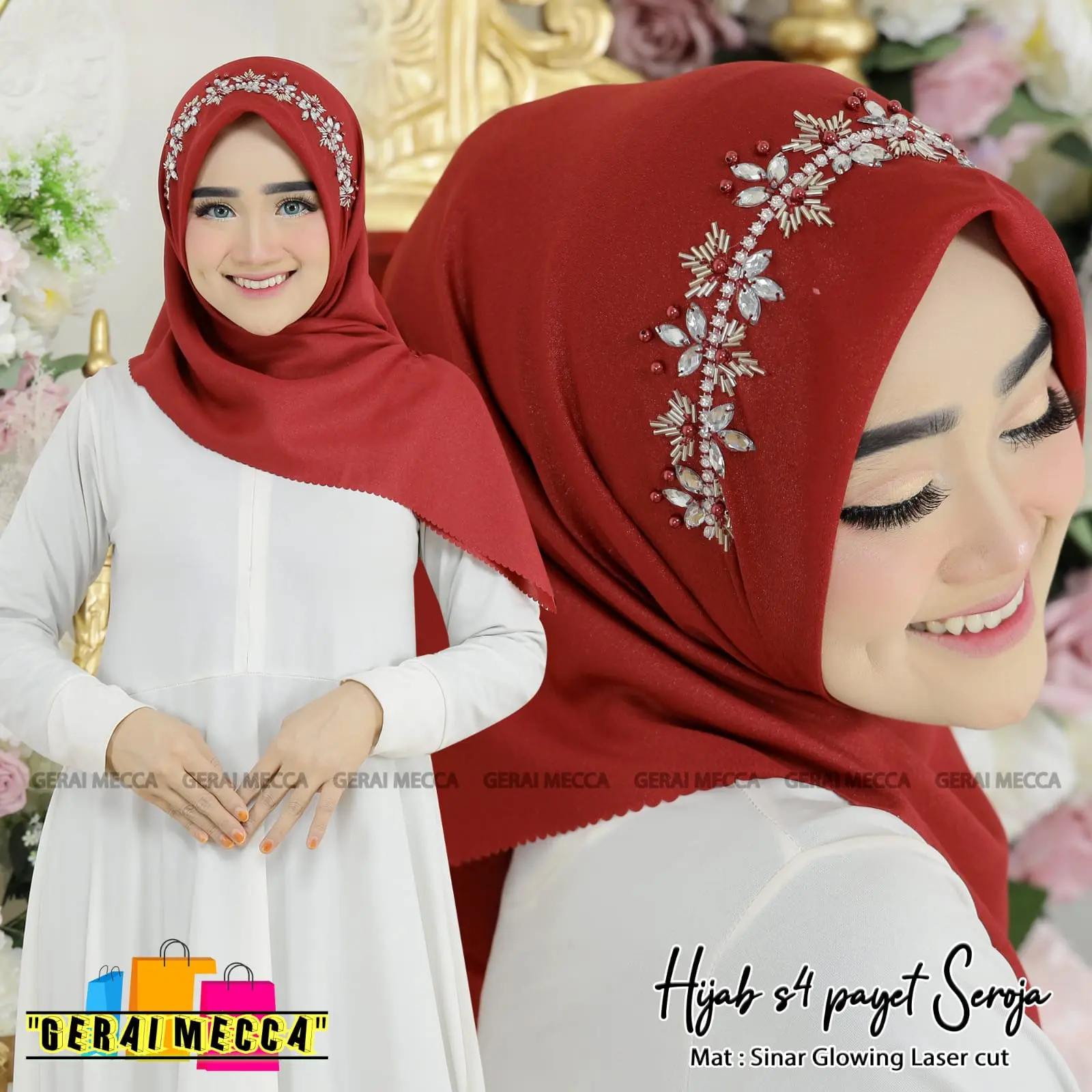 HIJAB SEGI EMPAT GLOWING PAYET SEROJA// JILBAB PESTA //HIJAB MEWAH