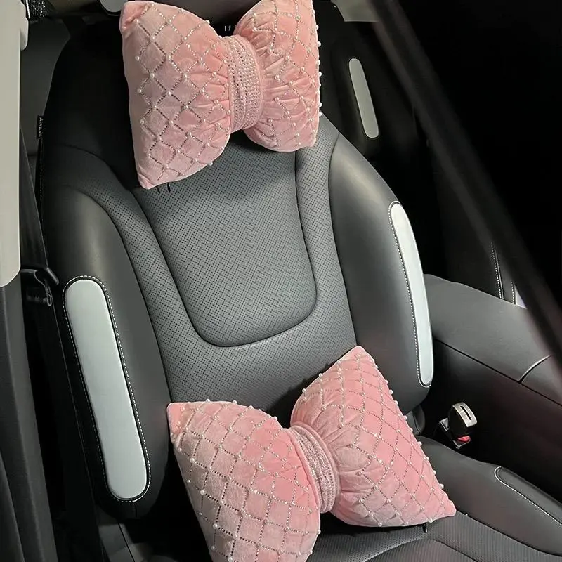 Rhinestone Decor Car Headrest Pillow & Lumbar Pillow, Cute Car Seat Neck Support Pillow, Sparkling Car Interior Accessories for Women & Girls 3
