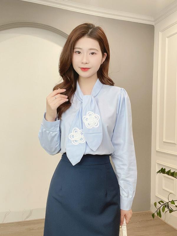Áo Sơ Mi Trơn Màu Cổ Nơ Thêu Hoa 3D Cao Cấp Min House