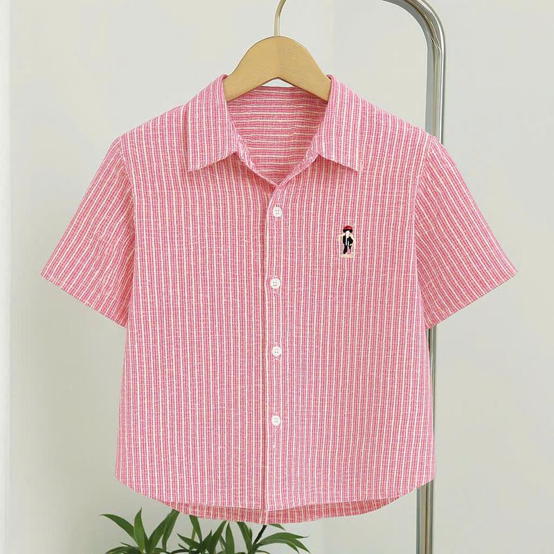 Áo Sơ Mi Croptop Kẻ Sọc Nhí Trẻ Trung Thêu Hình, Sơ Mi Tay Ngắn Chất Cotton Xịn Mềm Mại, Thấm Hút Mồ Hôi Freesize TiQi Clothing