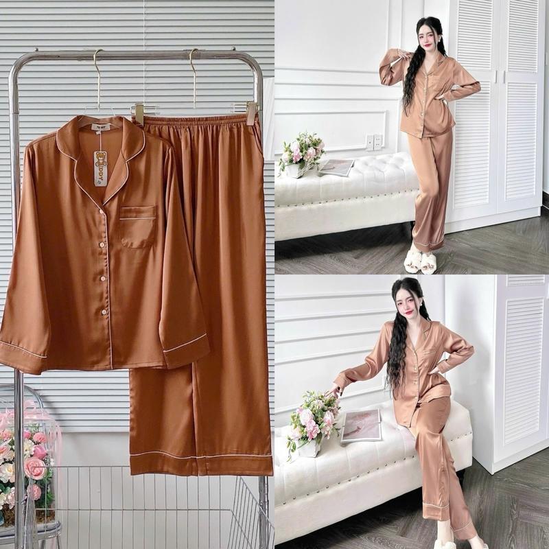 ĐỒ BỘ PIJAMA, Tay Dài Trơn, ĐỒ MẶC NHÀ, ĐỒ NGỦ NỮ. Đồ Bộ Trơn, Viền Màu, Có Túi Áo. QUẦN DÀI CÓ TÚI. VẢI LỤA LATIN CAO CẤP, MÀU TRƠN. Women Voi Kem do bolatin Nho 6