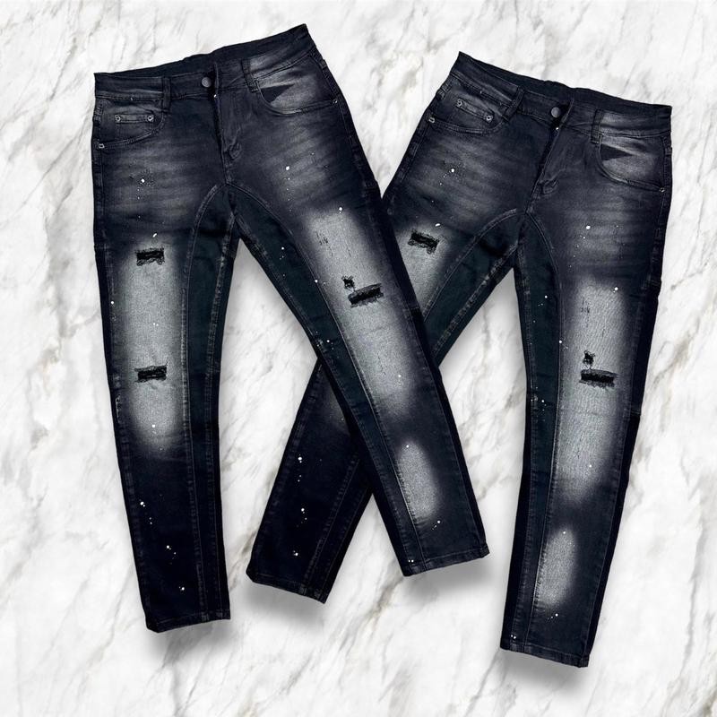 Shopvietanhq9 - Quần Jean Nam d2 đen xám rách vá 2 đáy (23) vải jean co giãn, quần bò có vẩy sơn wash màu kiểu boy phố, form vừa vặn cho Menswear Kem Pants - Tết