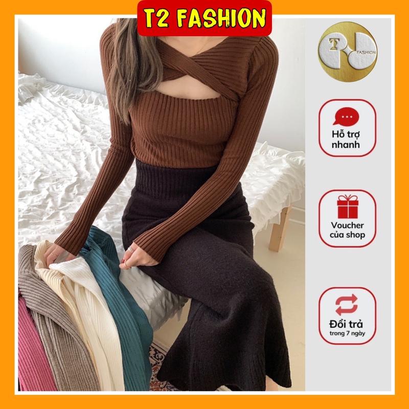  Áo len dài tay xoắn khoét ngực xinh xắn T2386 Nữ Top 