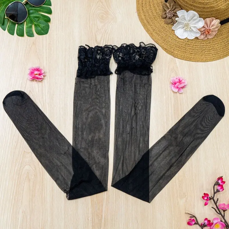 Stoking Wanita Renda Tinggi Atas Lutut Pantyhose 1141 Panjang Spandex Motif Bunga 0