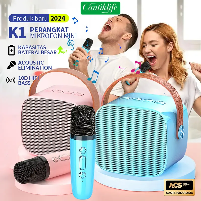 100% Original mini Karaoke speaker bluetooth Bass K1 Microphone Premium set lengkap speaker bluetooth mic wireless Mikrofon suitable for semua Ponsel