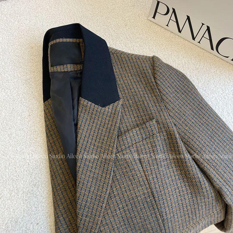 Áo Blazer Len, Họa Tiết Răng Nanh Dành Cho Nữ, Hàng Mới Về 2024, Phong Cách Hàn Quốc, Dày Dặn, Cổ Điển, Dáng Rộng Vừa Vặn, Áo Âu Phục 1