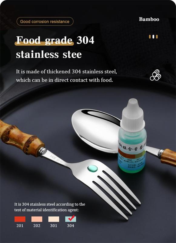 Product Introduction of 16/24PCS Creative Bamboo Handle Stainless Steel Tableware With Steak Knives Flatware Knives Set Includes Dessert Spoon Forks 21