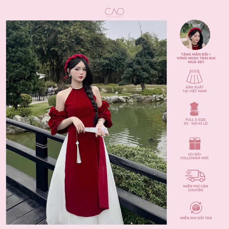 Áo dài Cherry (tặng kèm mấn) cách tân cổ yếm tay bồng có thể tháo rời có bigsize caocaobycaochen