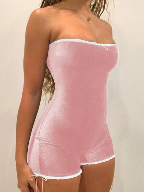 Women's Sexy Contrast Binding Bow Decor Tube Romper, Summer Clothes for Women, Stretchy Strapless One-piece Romper for Summer, Women's Clothes for Holiday Beach Valentine's Day, gift, Womenswear 3