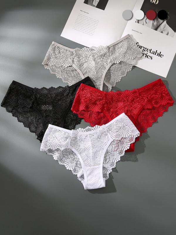 Women's 4pcs Scallop Trim Lace Panties, Solid Color Low Rise Comfort Knickers, Ladies Briefs, Women's Lingerie & Underwear 2