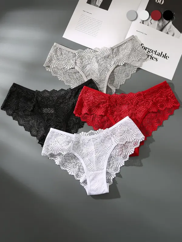 Women's 4pcs Scallop Trim Lace Panties, Solid Color Low Rise Comfort Knickers, Ladies Briefs, Women's Lingerie & Underwear 2
