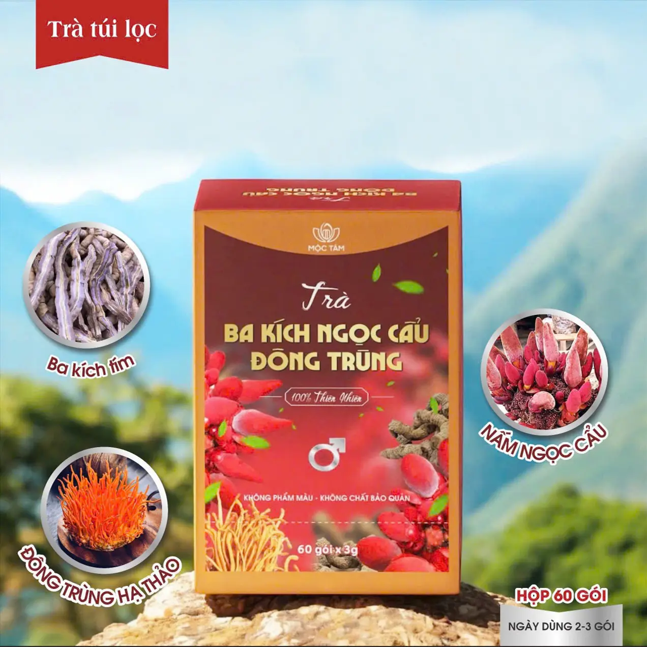 Trà Ba Kích Ngọc Cầu Đông Trùng Hộp Lớn 60 Gói x 3g Dùng Được 1 Tháng Nước Trà Tea