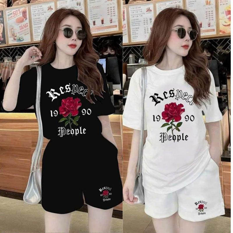 Set bộ đùi nữ mặc nhà chất cotton su phom rộng áo phông quần đùi bộ thun mùa hè in hoa đỏ đồ macnha ngủ 1