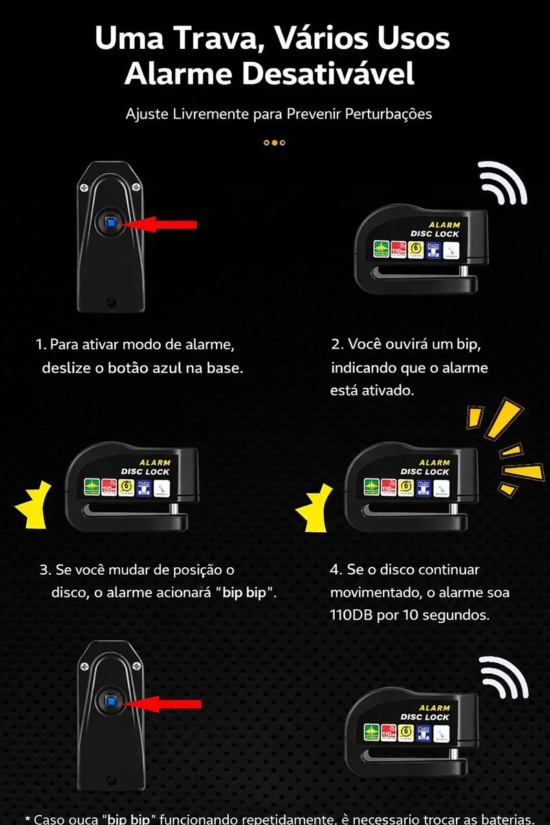 Trava de Disco em Liga de Alumínio Com Alarme 110dB Antifurto para Moto/Bike à Prova dÁgua Universal Trava de Disco em Liga de Alumínio Com Alarme 110dB Antifurto para Moto/Bike à Prova dÁgua Universal