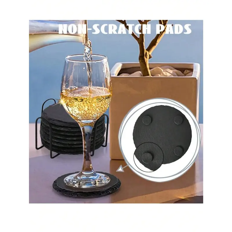 #KUP Slate Beverage Coasters, Black Slate Rock Coasters, Creative Insulation Pads, Blanks With Anti-Scratch Bottom, Suitable For Beverage Halls, Cafes, Kitchens, Home, Office, Restaurants, Apartment Bar And Other Places (Round) 2