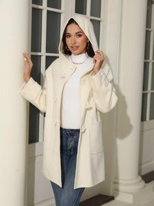 Women's Solid Button Front Hooded Woolen Coat, Casual Long Sleeve Pocket Outerwear for Daily Wear, Ladies Clothes for All Seasons