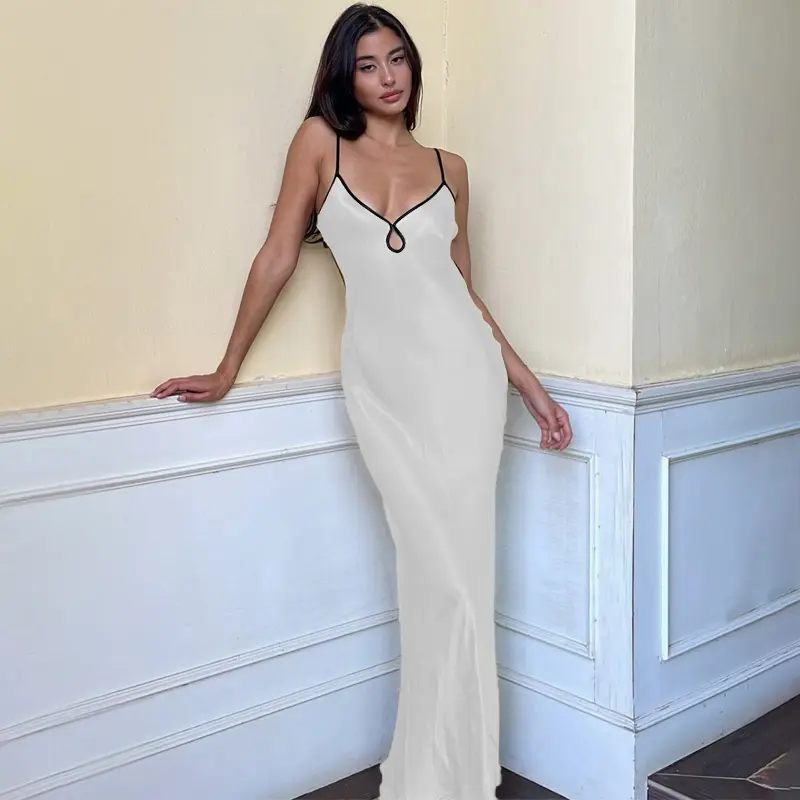Women's Summer Long Evening Dress Solid Color Sleeveless Deep V Neck Tie Up Dress Formal Polyester