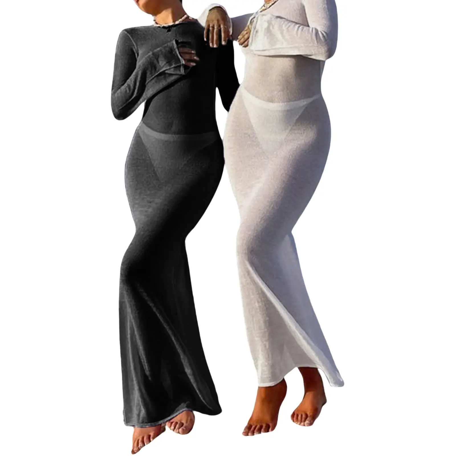 Women Wrapped Dress, Long Sleeve Round Neck See Through Sunscreen Solid Color Backless Beach Long Dress