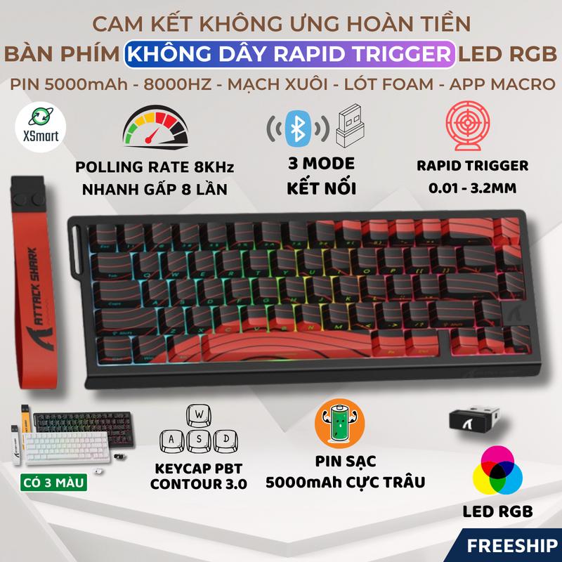 Bàn Phím Không Dây Rapid Trigger Attack Shark X68PRO HE 3 Mode LED RGB Pin 5000mAh 8000Hz, App Macro