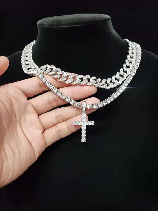 Luxury Artificial Zircon Vintage Necklace Set, Cross Pendant Necklace & Cuban Chain Necklace, Sparkly Matching Jewelry for Party, Streetwear Hip Hop Punk Gift for Men Women, for Fall 3