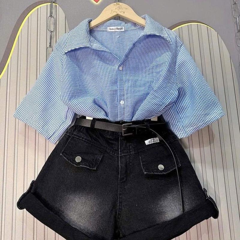  Sét sơ mi đũi mix quần jean cạp cao xám khói - Thời trang Trang Nam Store - Nữ Women 