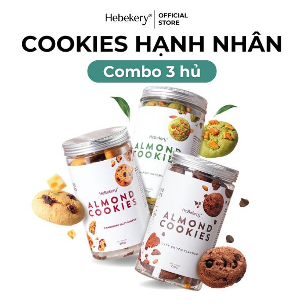 Combo 3 hũ 250gr Cookies Hạnh Nhân Nguyên Cám 4 Vị Dark Choco - Mango Matcha - Cranberry Salty Cheese - Cashew Cafe - Bánh Cookies Ăn Vặt Chuẩn Healthy HeBekery by HeBe Food Snack Socola