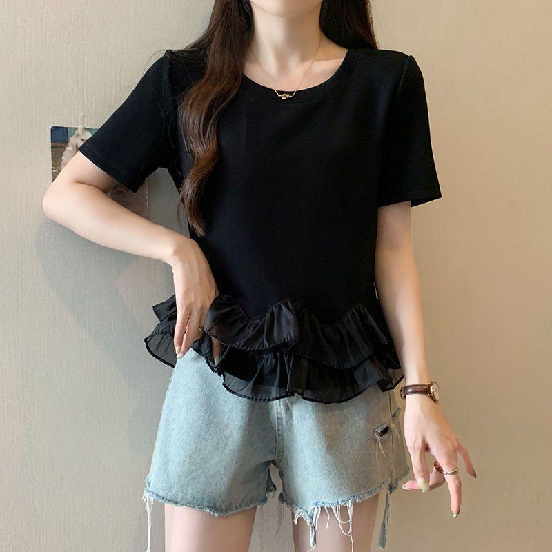 Áo Thun Ngắn Tay Chắp Vá Xếp Nhún Ngoại Cỡ Dành Cho Nữ, Dáng Rộng Vừa Vặn, Bó Sát, Ngoại Cỡ, Thích Hợp Cho Mùa Hè 2024, Áo Bé Gái, Phong Cách Ins 3