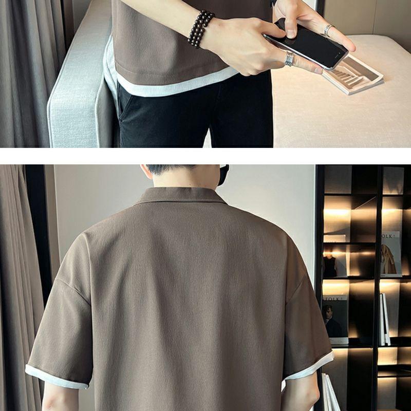 Product Introduction of 2025 Fake Two-Piece V-neck T-shirt Men's Ins Fashion Brand Short Sleeve Polo Shirt Ice Silk Half Sleeve 2023 New Summer Matching Suit 12