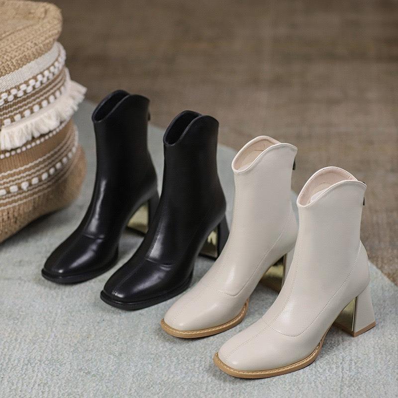 Giày bốt nữ đế vuông da lỳ cao 7cm lót lông gót vàng cực đẹp Boot Cổ Cao