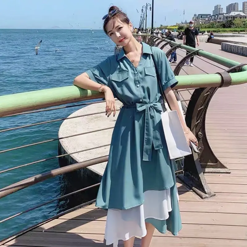 Đầm sơ mi xanh túi hộp phối trắng 2 màu, váy dạo phố 5