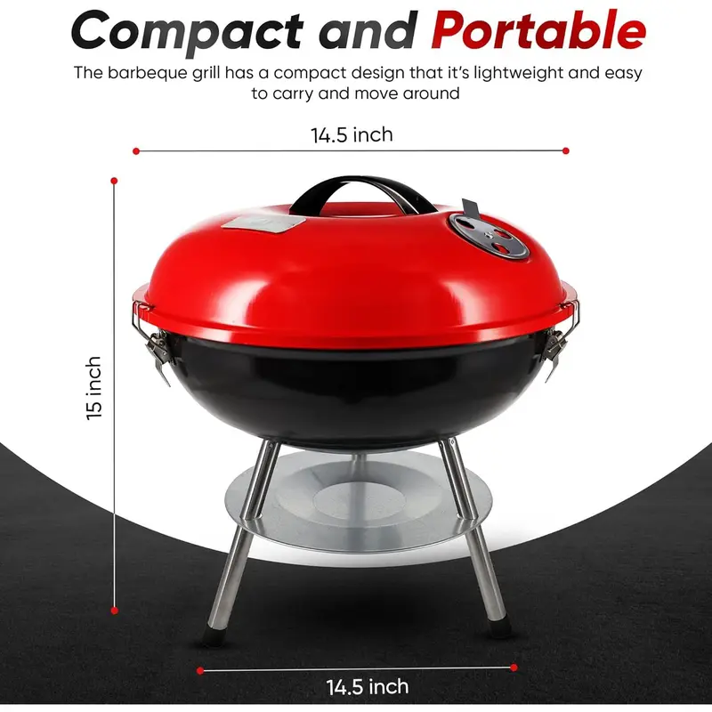 14-inch Portable Barbecue Grill with 3-Point Locking Lid for Heat Preservation – Dual Venting System – Small Charcoal Grill for Backyard, Camping, Boat  Ash Bbq Metal 1
