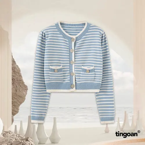 TINGOAN - Áo set len cardigan lửng có áo 2 dây kẻ ngang nhỏ xanh vai bồng tingoan CAPPUCCINO CARDIGAN/BLUE