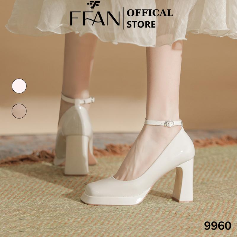 Giày cao gót mũi vuông đế đúp gót vuông 9960 [da bóng mềm mại] 7 9 phân FFAN STORE, bít mũi quai cài màu đen nude trắng sữa