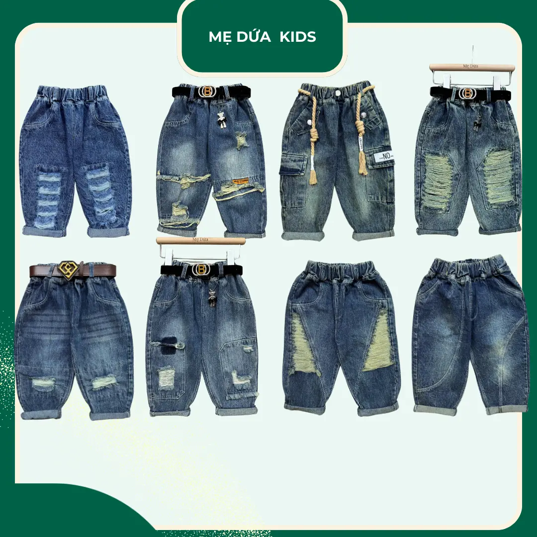 [ 13 MẪU] 2 quần TẶNG 1 đai da Quần Jean dài  cho bé 8-27kg chất jean mềm có thể giặt máy