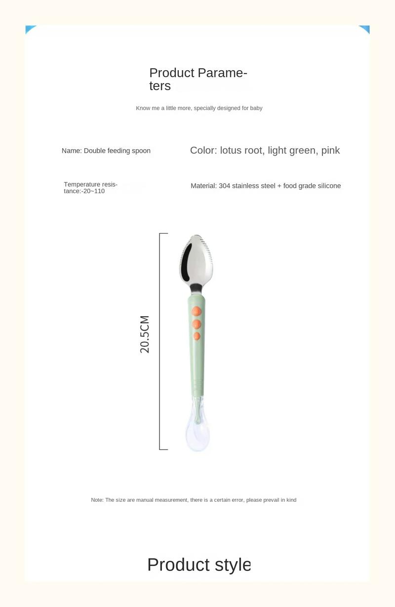 Product Introduction of Double-Headed Mud Scraper Spoon Baby Food Supplement Baby 316 Stainless Steel Fruit Puree Spoon Silicone Spoon Feeding Mud Scraper Spoon 13