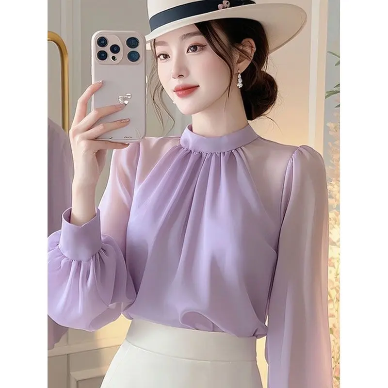 Áo Dài Tay, Màu Tím, Dành Cho Phụ Nữ, Thanh Lịch, Chất Liệu Voan, Áo, Màu Tím, Xu Hướng Mùa Thu, Áo Sơ Mi, Được Bán Bởi PositiveReviews, Phong Cách Pháp, Thiết Kế Đẹp, Hợp Xu hướng, Hàng Mới Về Năm Nay, Áo Sơ Mi, HK