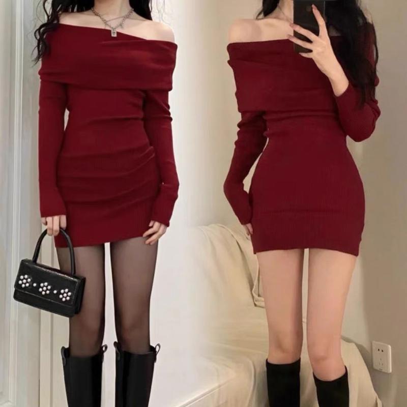 Đầm Body Hở Vai Tạo Kiểu Mới Nhất Phong Cách Hàn Quốc D50 Nữ Nhung Voi Dress Women Đỏ