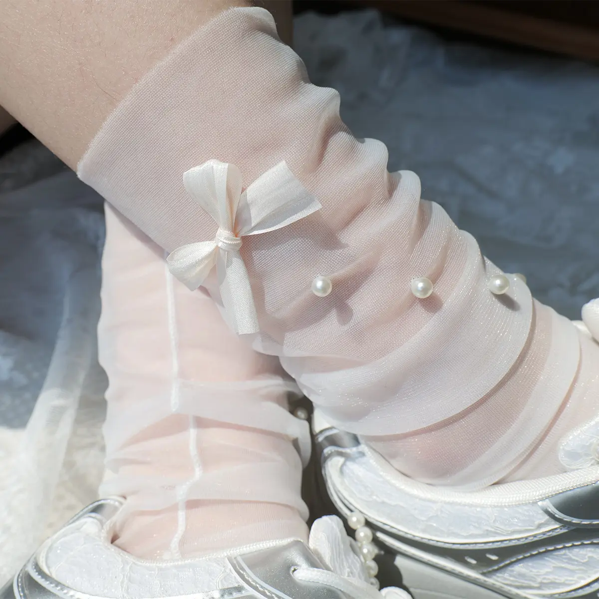 Summer New Ultra-Thin Mesh Bowknot Pearl Pile Socks Transparent Internet Celebrity Korean Mid-Calf Stockings Girl's Socks