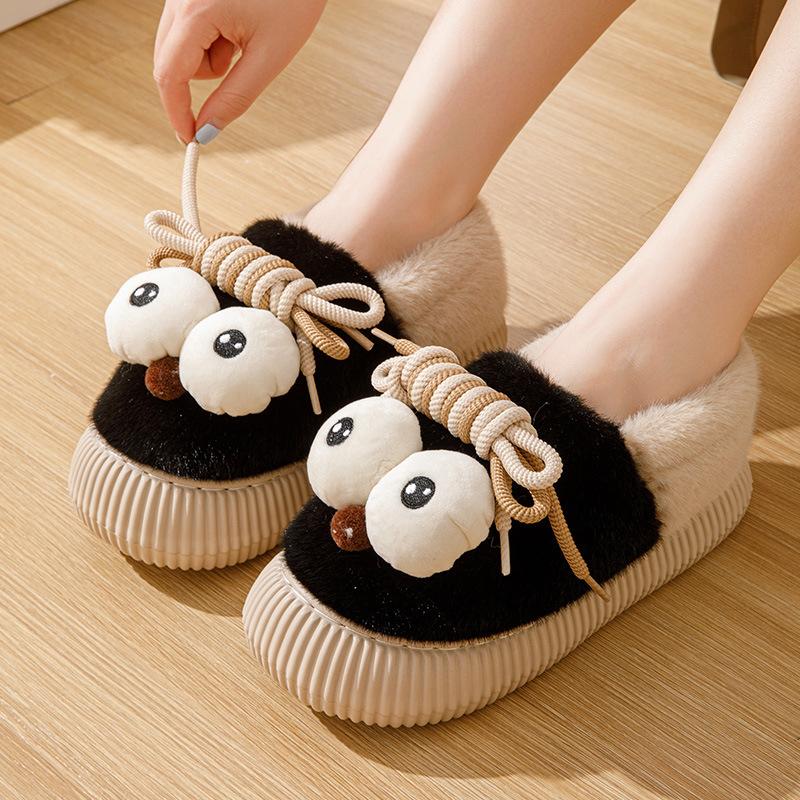 Dép Lông Nhung Đế Dày 5,5Cm Cute Đính Mắt Và Dây Đan Êm Chân Phong Cách Tiểu Thư Êm Chân Siêu Ấm Đế Sần Nữ Slipper