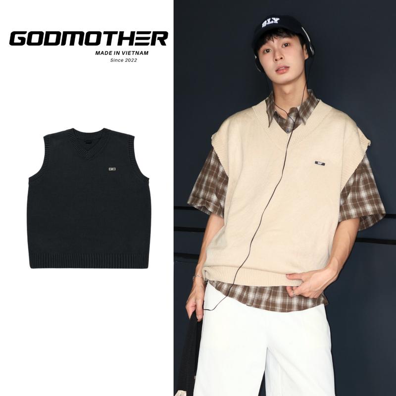 Áo Len Gile GODMOTHER Trơn Tag Cao Su Chất Len Dệt Cổ Chữ V Form Rộng Nam Nữ Unisex Phong Cách Hàn Quốc