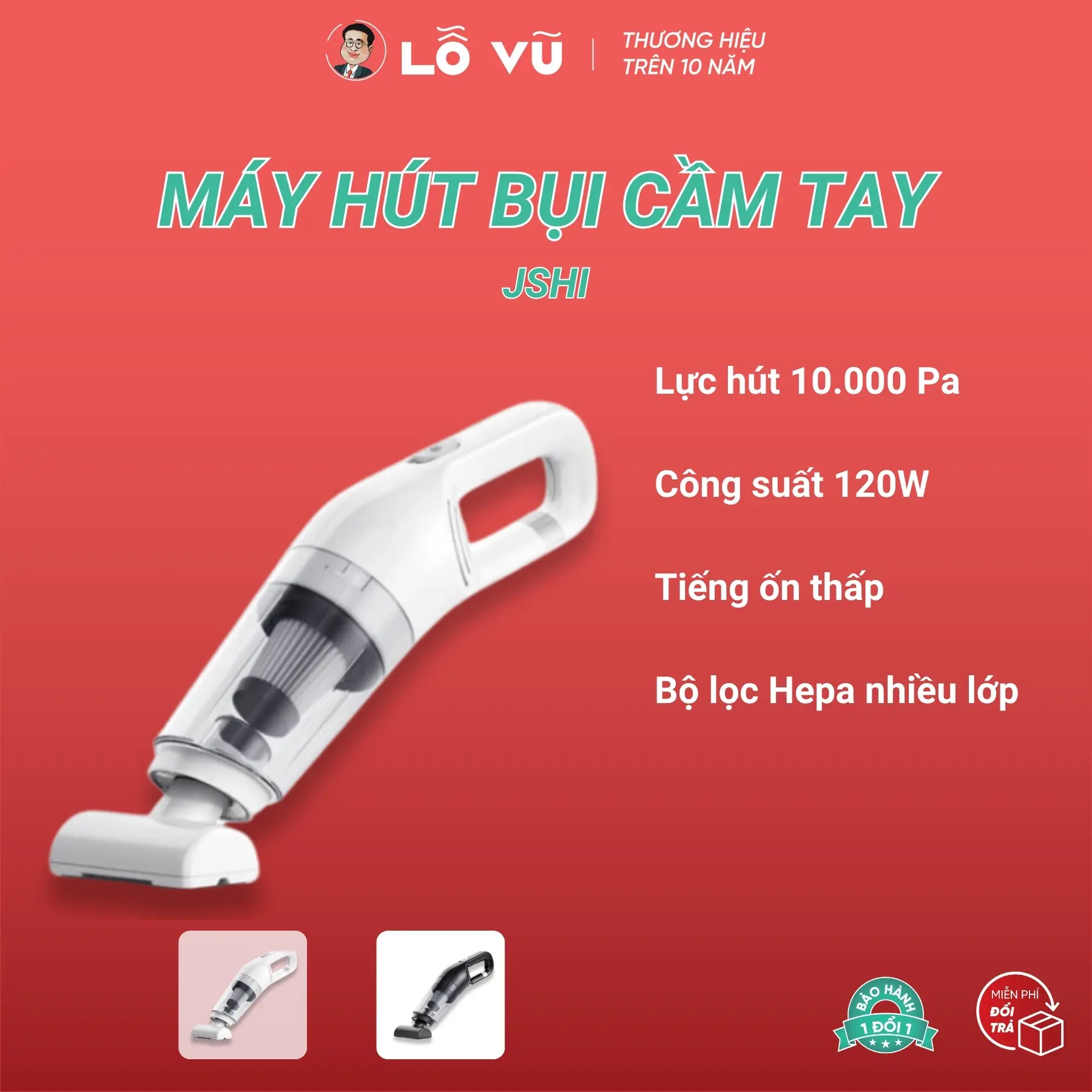 Máy hút bụi không JSHI, Lực hút 10.000 Pa, Công suất 120W, Độ ồn thấp, Bảo hành lỗi 1 đổi 1