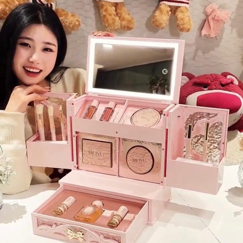 Bộ trang điểm Meiyu bản Vip hộp nhựa sang trọng màu hồng phấn Son Kem Perfume Son Môi Phấn Phủ Cosmetic