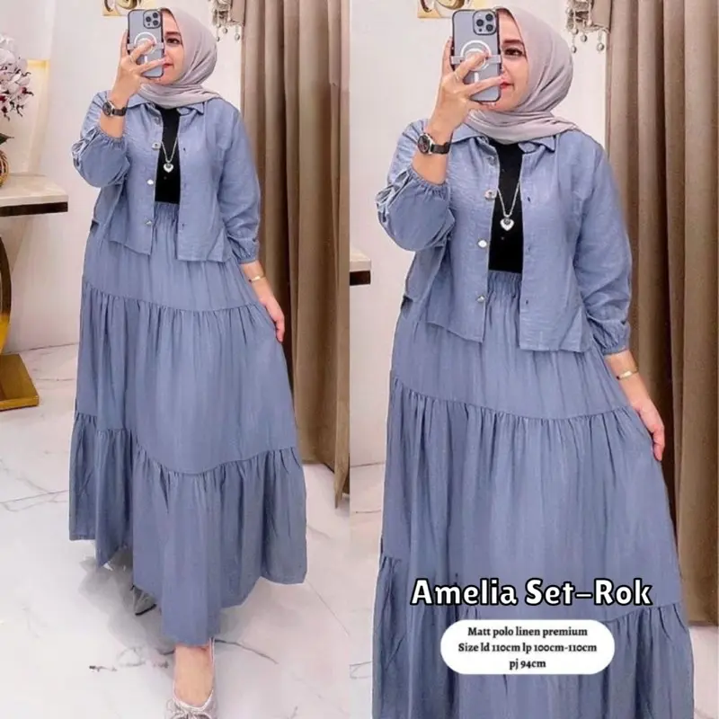 Amelia Set Rok Dan Atasan Bahan Crinkle Setelan Wanita Muslim Standar Dan Jumbo M-XXL Vitrah Fauziah Store 0