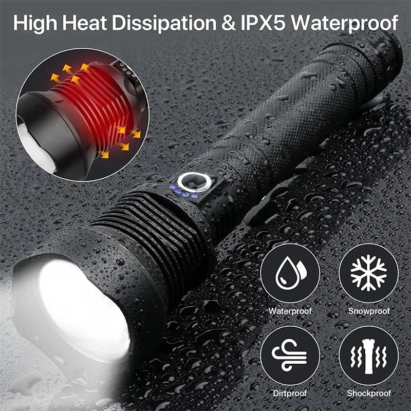 Product Introduction of Waterproof Rechargeable LED Flashlight XHP70 4 Core Zoomable Super Bright Light Flash Light USB Charge Emergency Light 18