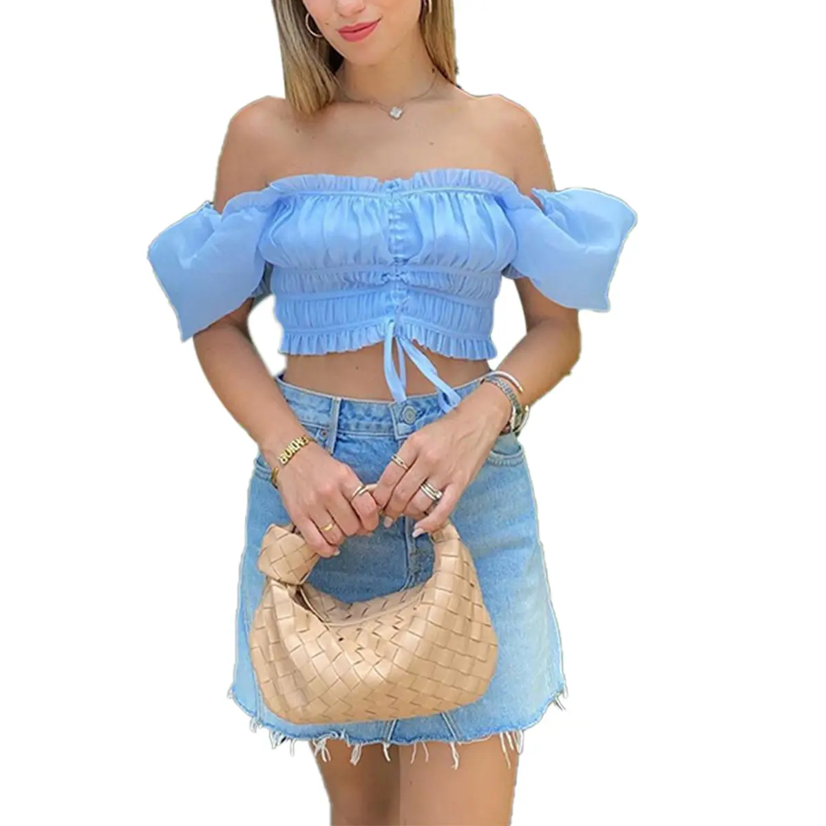 Women Summer V-neck Crop Top Elastic Short Puff Sleeve Drawstring Bow Knot Tied Blouse Slim Shirts
