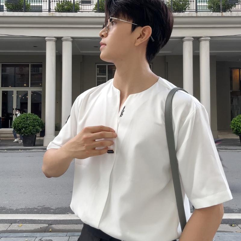 Áo sơ mi nam nữ cổ chữ V tay ngắn phong cách Korea Henley Automan HM208