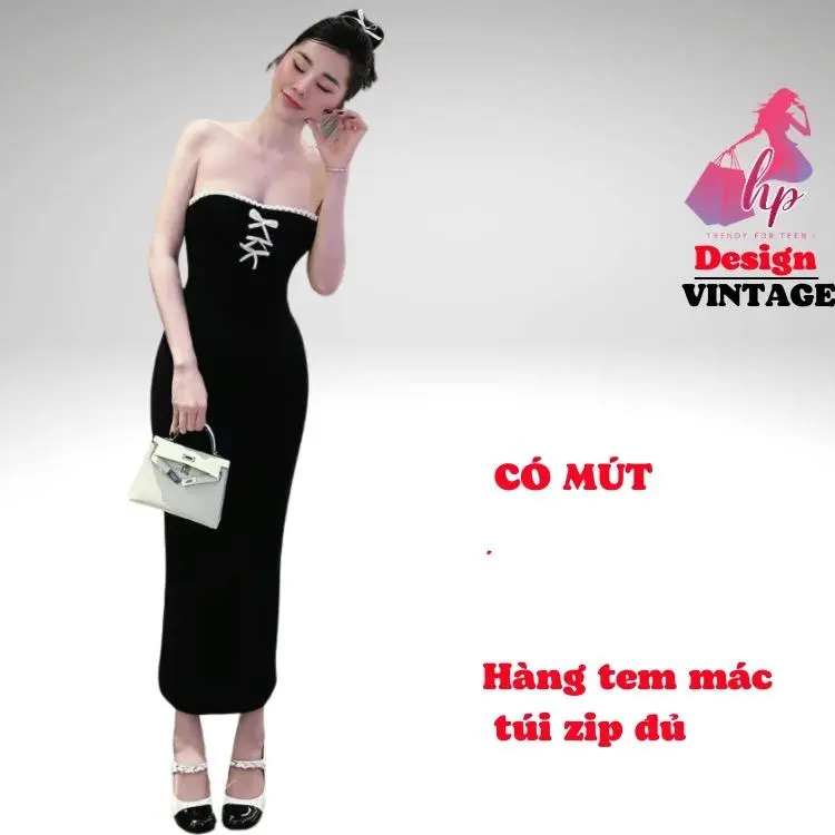 Đầm body maxi ống cúp ngực phối nơ có mút, váy nữ dáng dài ôm body tôn dáng G333 Voi Women Thun Dress  Cup Màu Đen